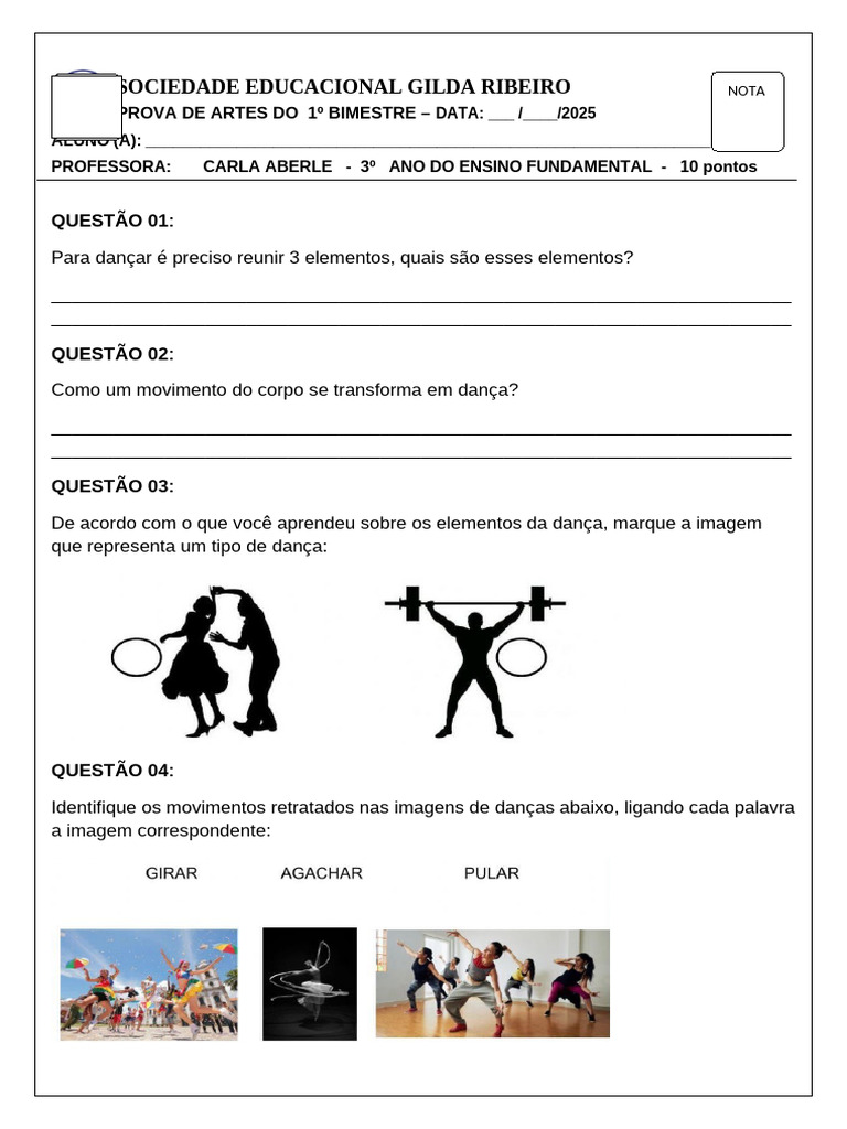 Prova de Artes - 1º Bimestre 3º Ano | PDF