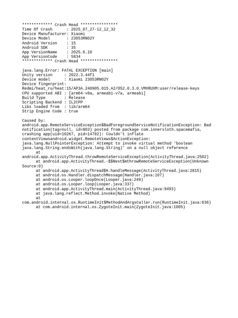 Xiaomi Crash Report: Unity Error 2025 | PDF