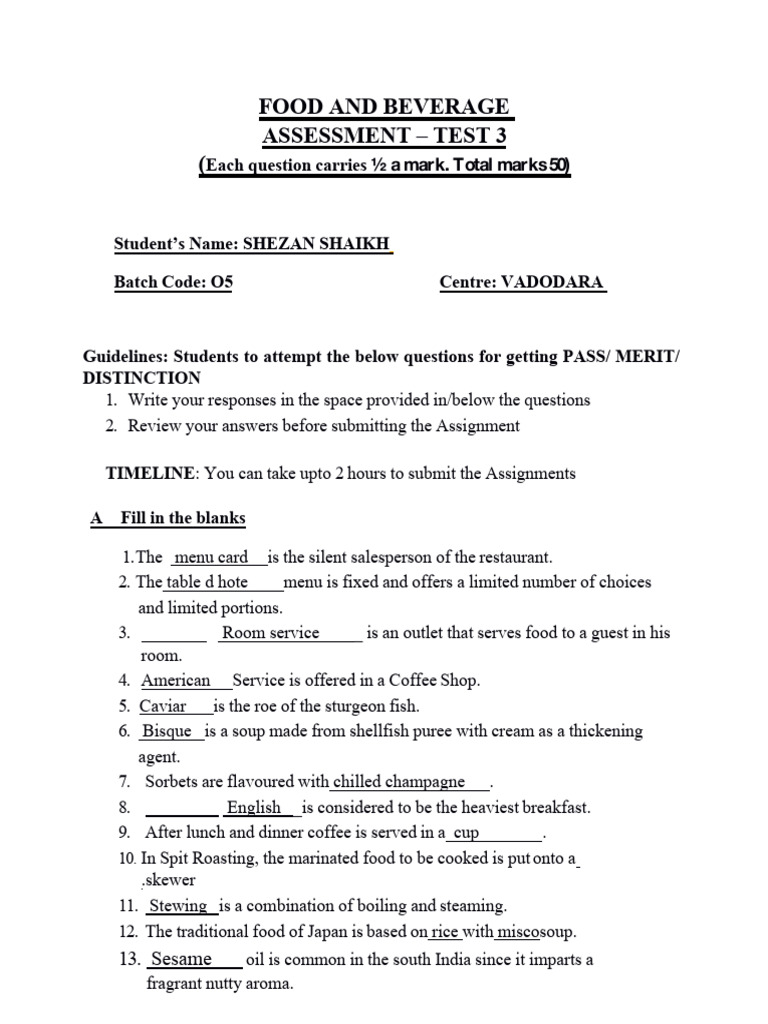 Food and Beverage Assessment Test 3 | PDF | Sauce | Salad