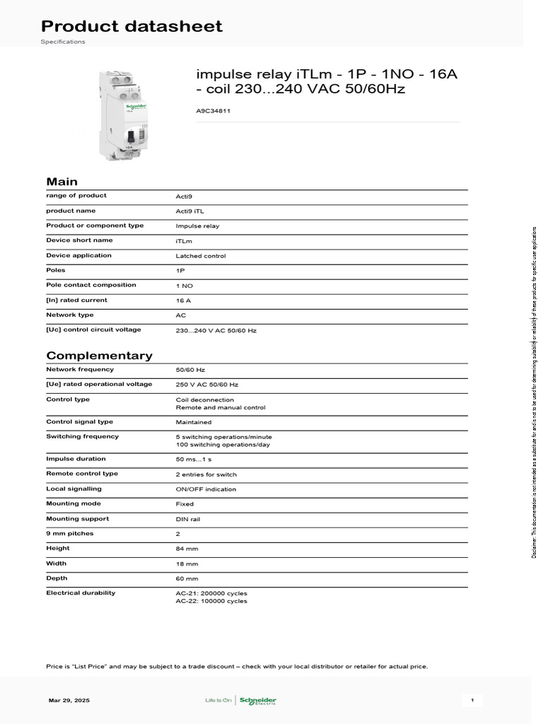 Acti9 iTLm Impulse Relay Specifications | PDF | Relay | Alternating Current