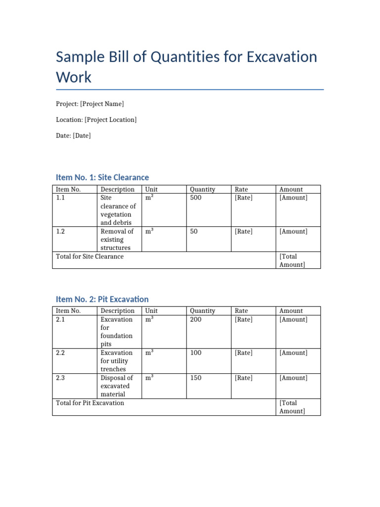 Excavation Work Bill of Quantities | PDF