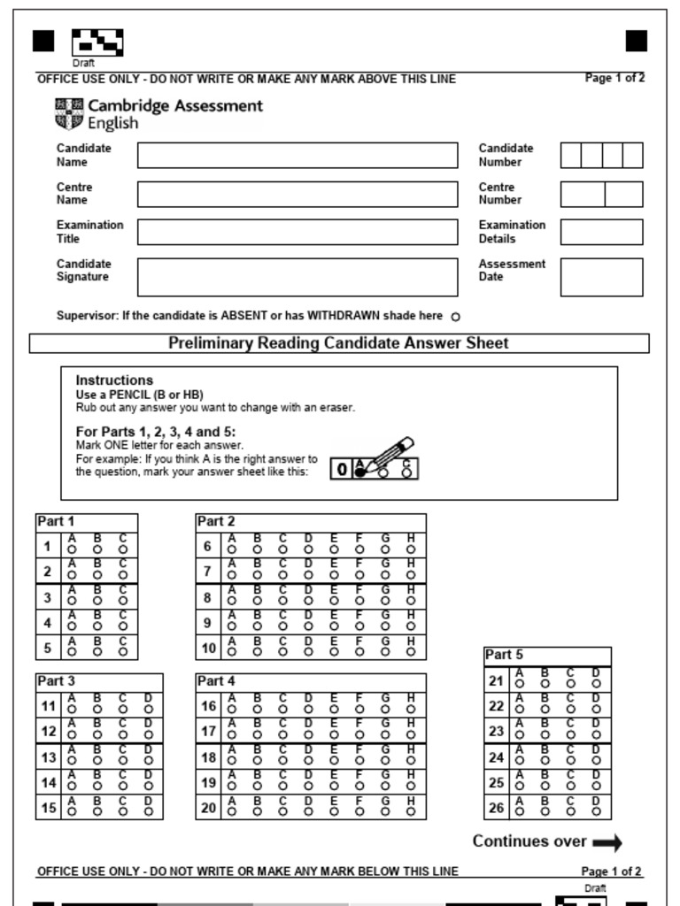 PET Exam Candidate Answer Sheet | PDF
