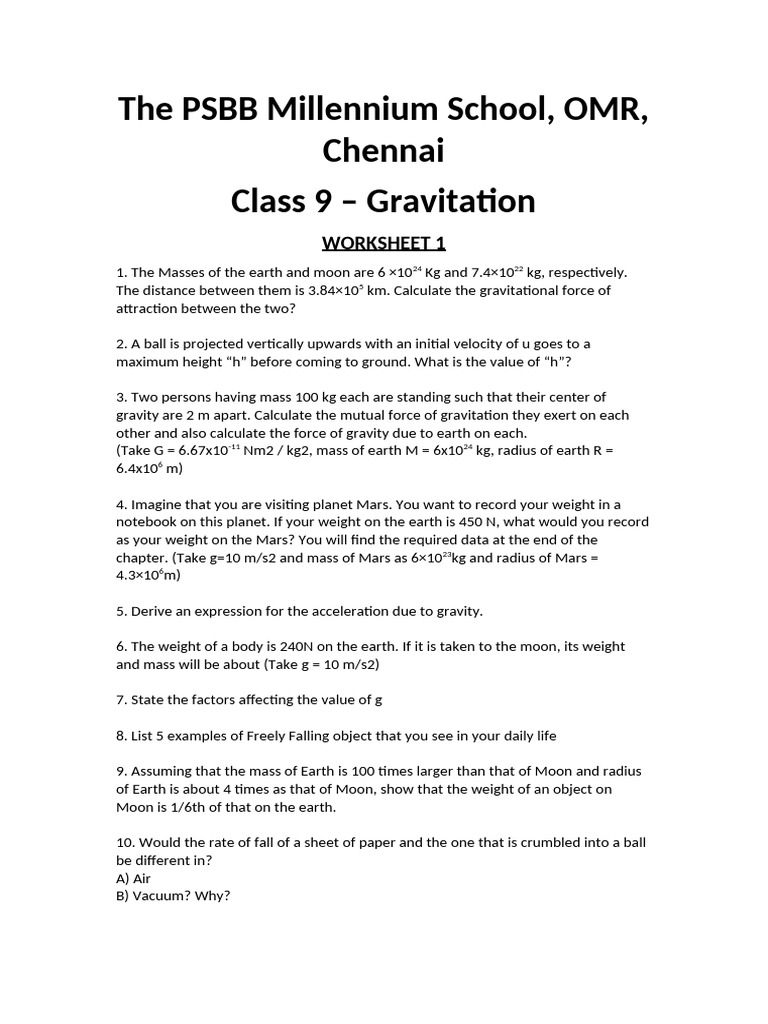 Class 9 Gravitation Worksheet with Answers | PDF