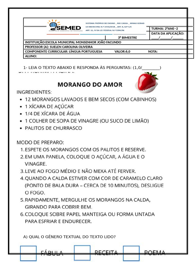 Teste de Língua Portuguesa - 2º Ano | PDF