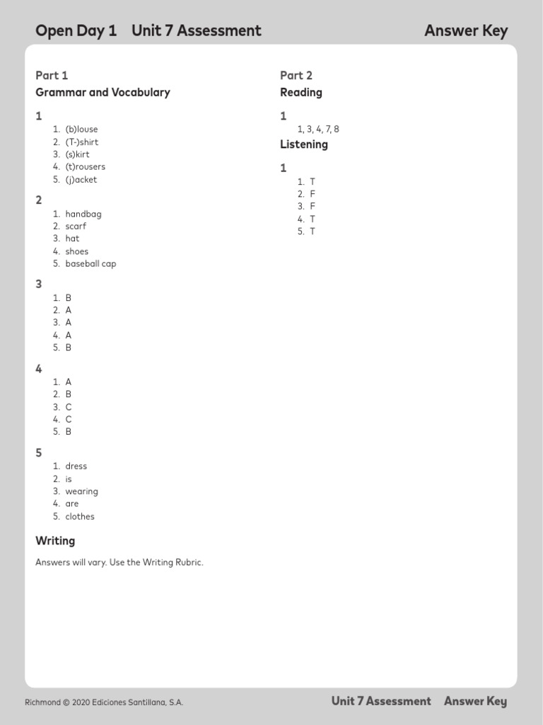 OD1 Assessmentanswerkey Unit7 | PDF