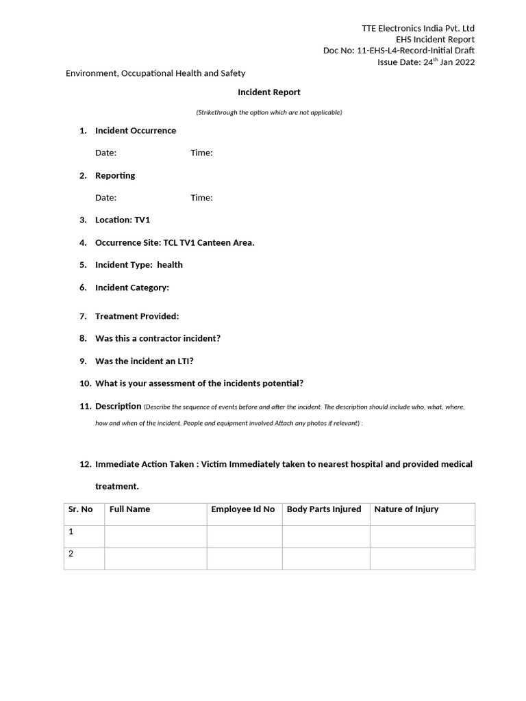 EHS Incident Report: Health Incident Summary | PDF | Occupational ...