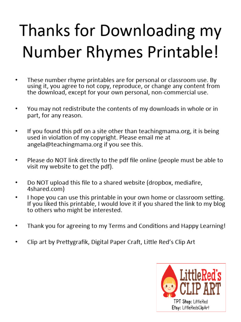 Thanks For Downloading My Number Rhymes Printable! | PDF | Download ...