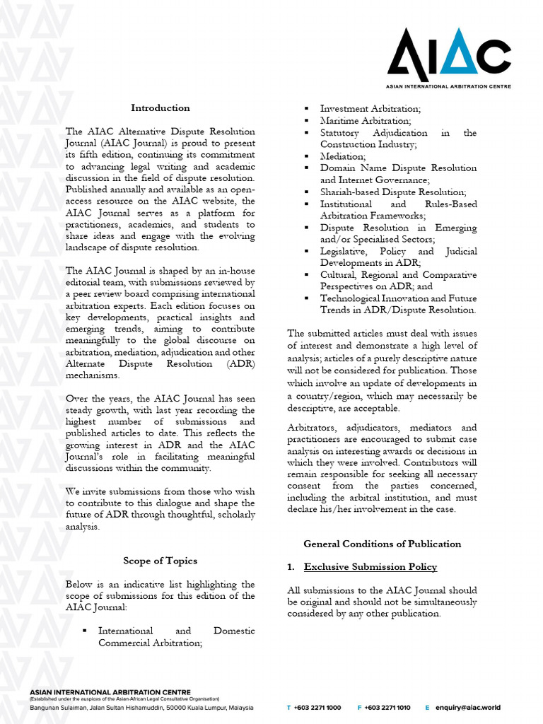 AIAC Journal Call for Submissions | PDF | Alternative Dispute ...