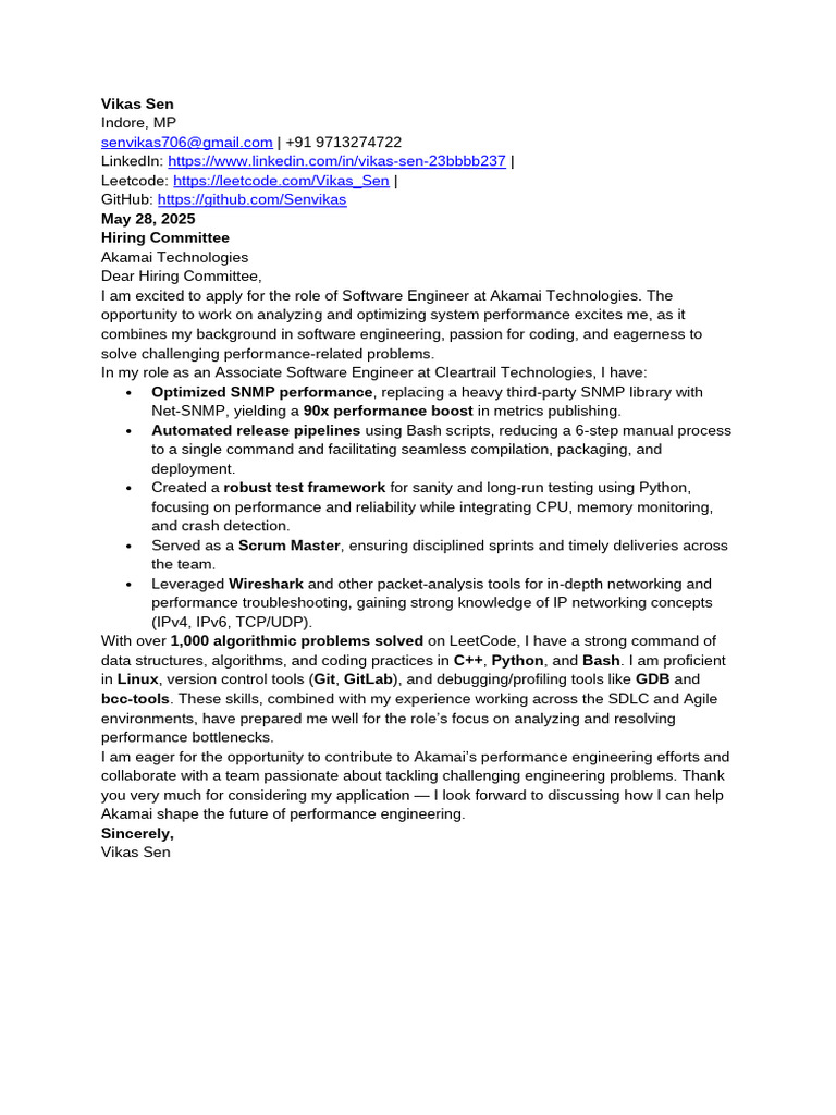 Software Engineer Application - Vikas Sen | PDF