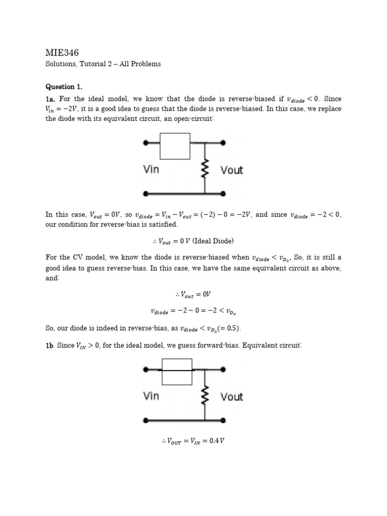 MIE346 - Tutorial Problems 2 - Solutions v2.1 | PDF | Rectifier | Diode