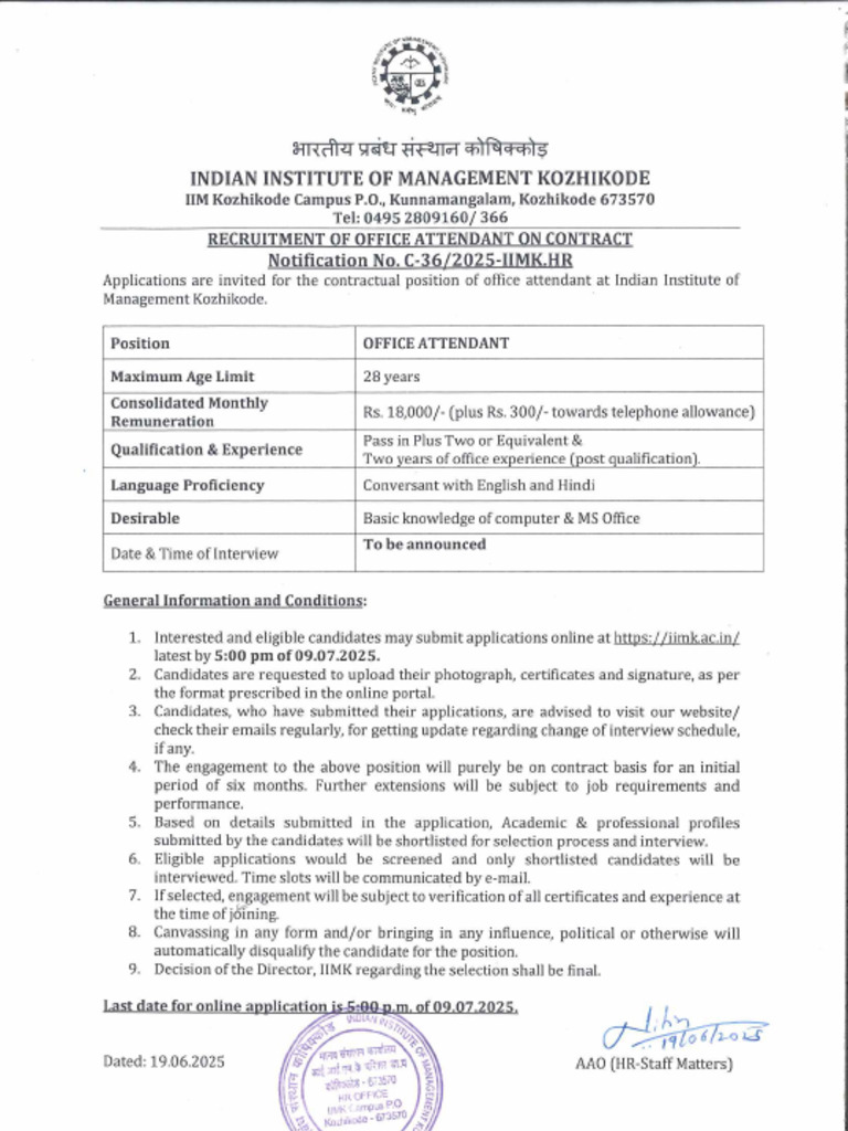 IIM Kozhikode Notification For Various Office Attendant Posts | PDF