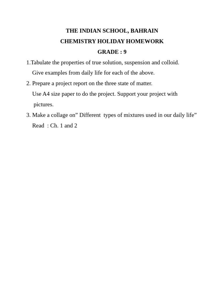 Chemistry Holiday Homework Grade 9-1 | PDF