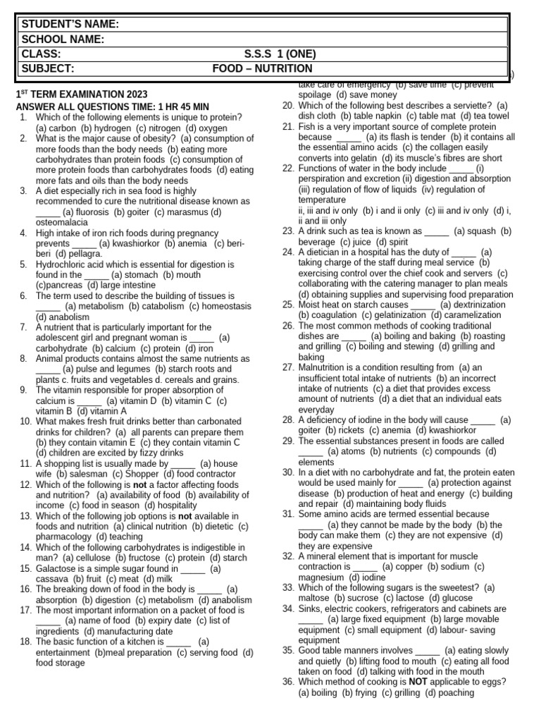 SS1 Food and Nutrition Exam Questions | PDF | Foods | Carbohydrates