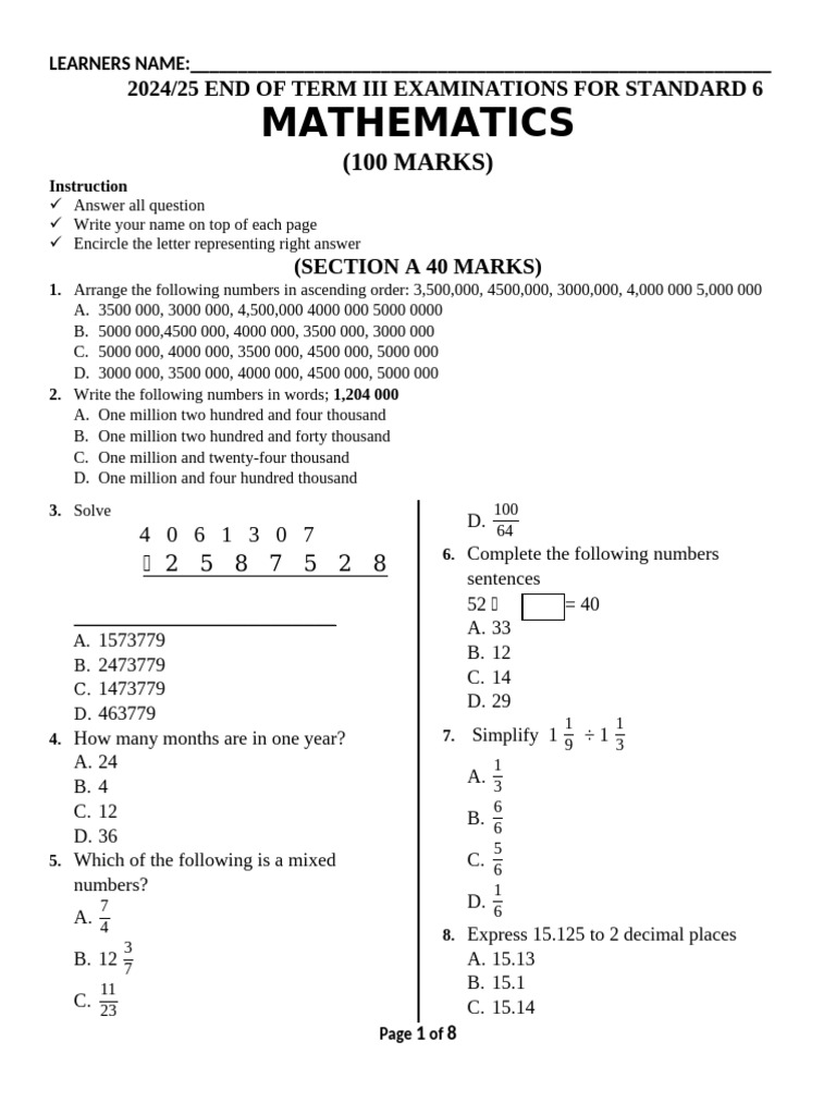 Standard 6 Mathematics Exam 2024/25 | PDF | Numbers | Number Theory