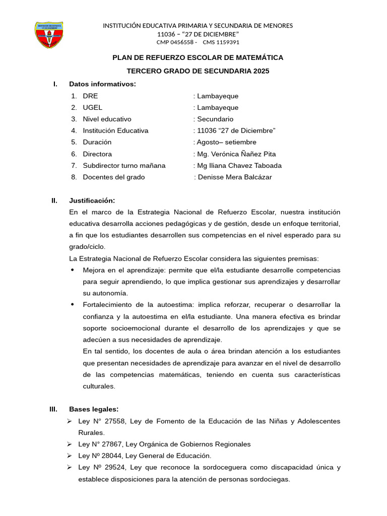 Plan de Refuerzo Escolar 2025 | PDF | Aprendizaje | Escuelas