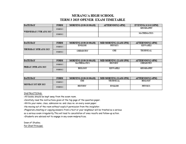 Form 3 Term 3 Exam Timetable 2025 | PDF | Qualifications | Tests