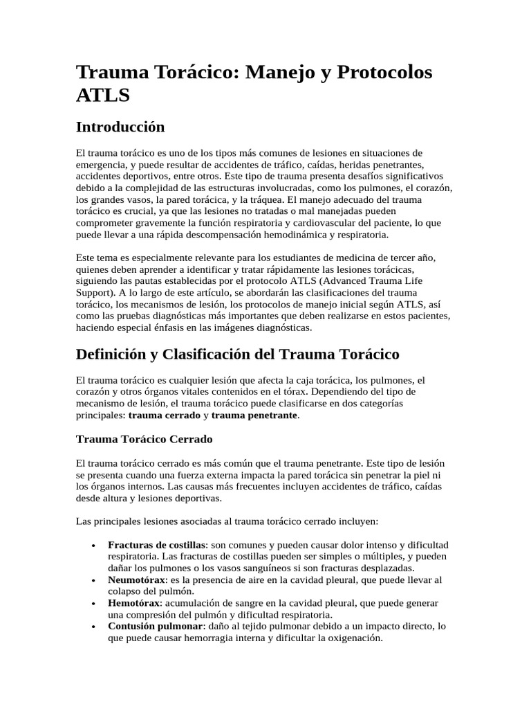 Manejo del Trauma Torácico: Protocolo ATLS | PDF | Tórax | Pulmón