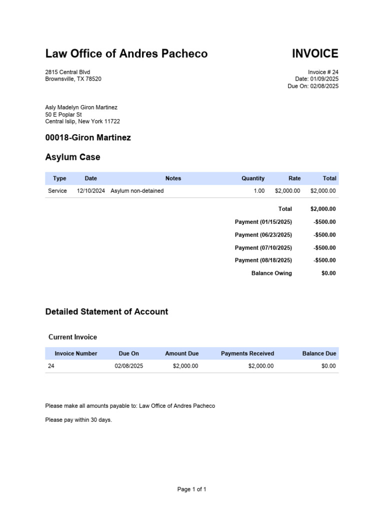 Invoice for Asylum Case Services | PDF