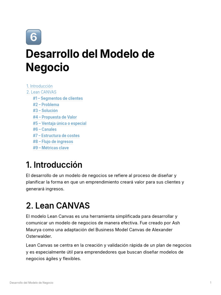 Desarrollo del Modelo de Negocio Lean Canvas | PDF