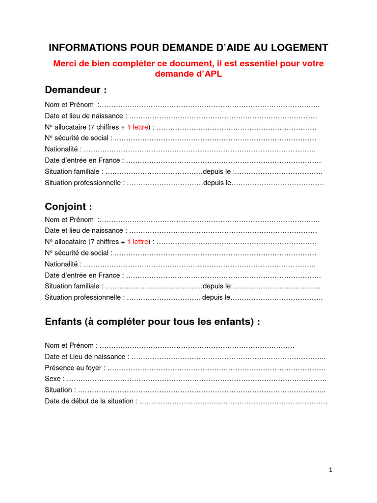 Demande d'Aide au Logement APL | PDF
