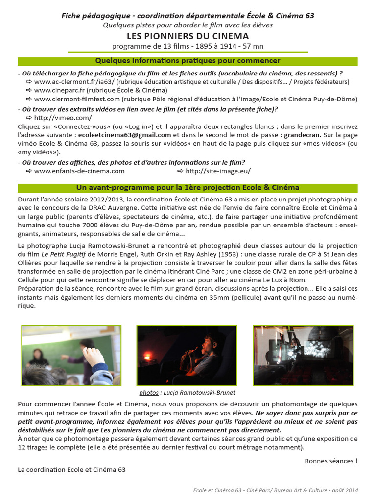 Pionniers du Cinéma : Guide Pédagogique | PDF | Cinématographie | Films ...