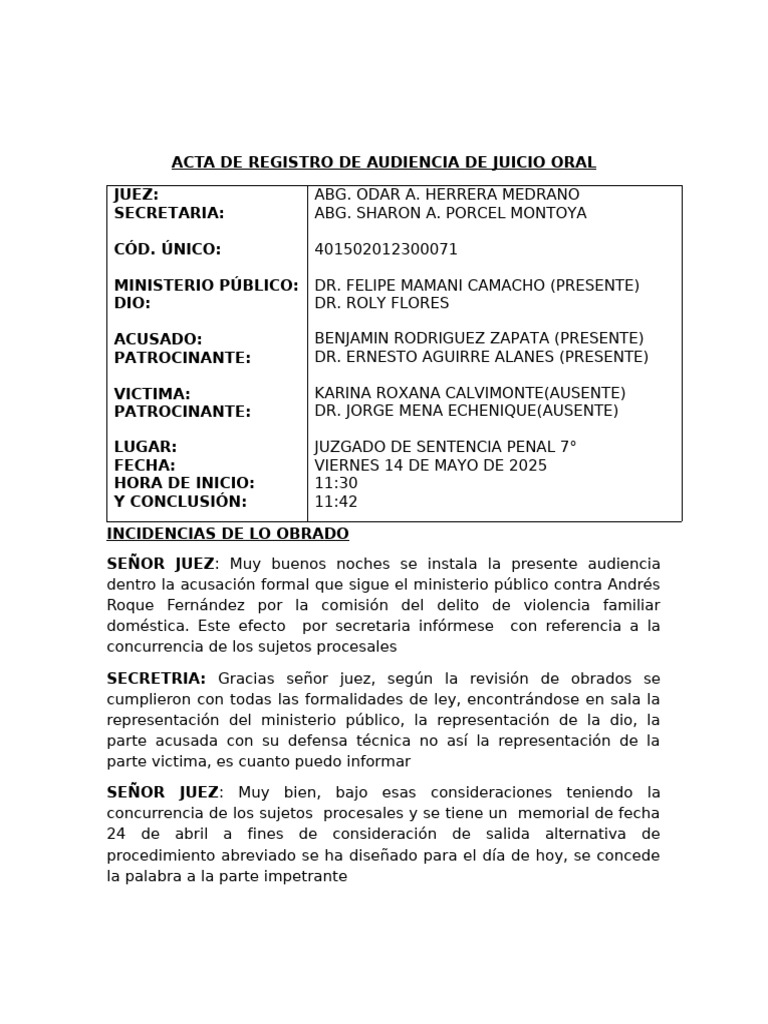 Acta de Juicio Oral por Violencia Familiar | PDF | Sentencia (ley ...