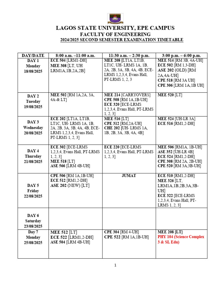 Engineering Exam Timetable 2025 | PDF