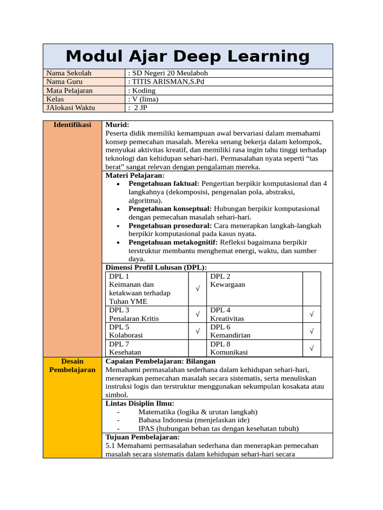 Modul Ajar Koding Deep Learning SD | PDF