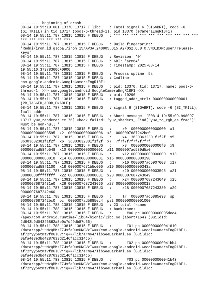 Google Camera Crash Log Analysis | PDF | Computing | Software