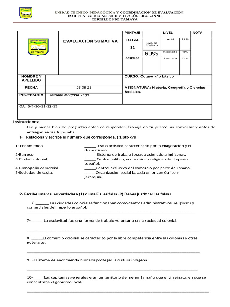 Evaluación de Historia para Octavo Básico | PDF