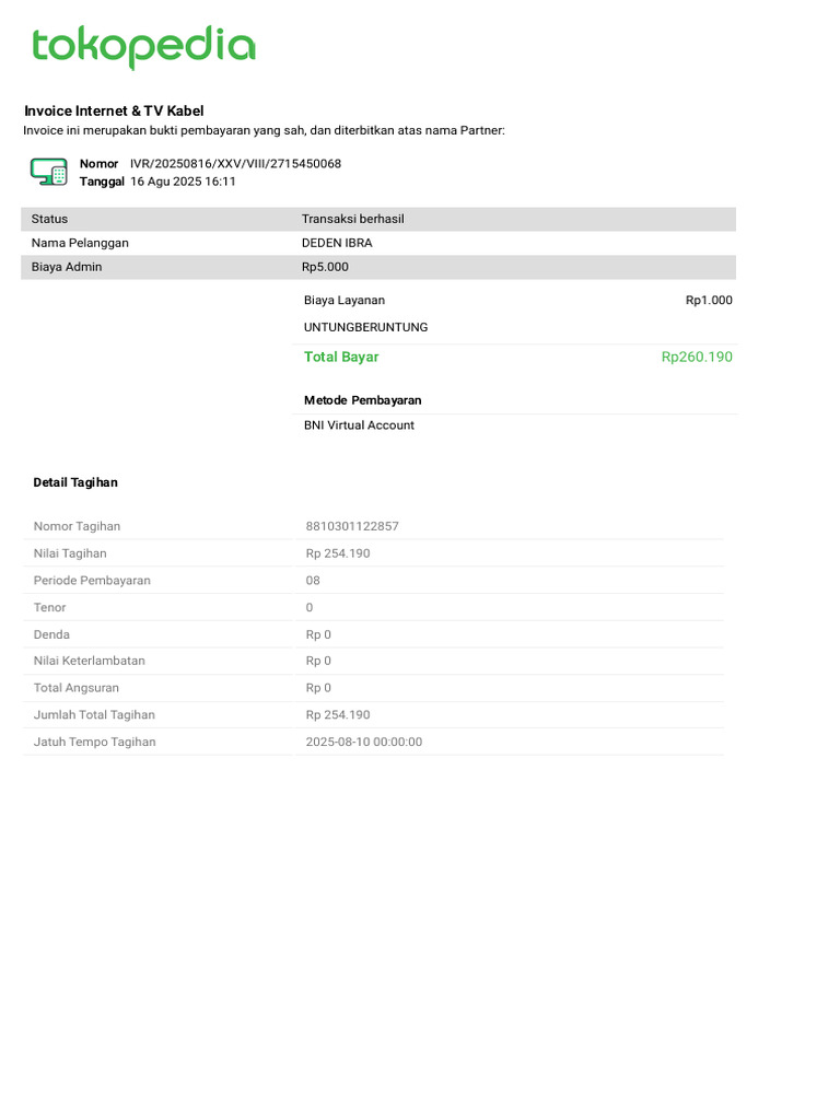 Invoice Pembayaran Internet & TV Kabel | PDF