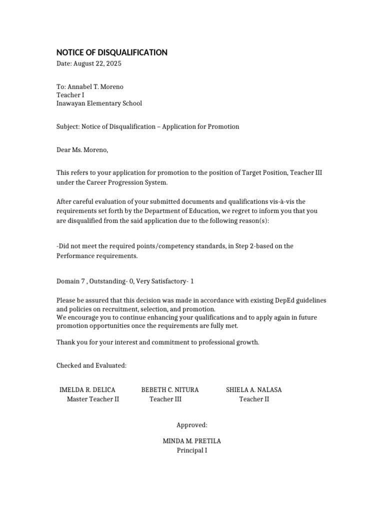 Disqualification Notice for Promotion Application | PDF