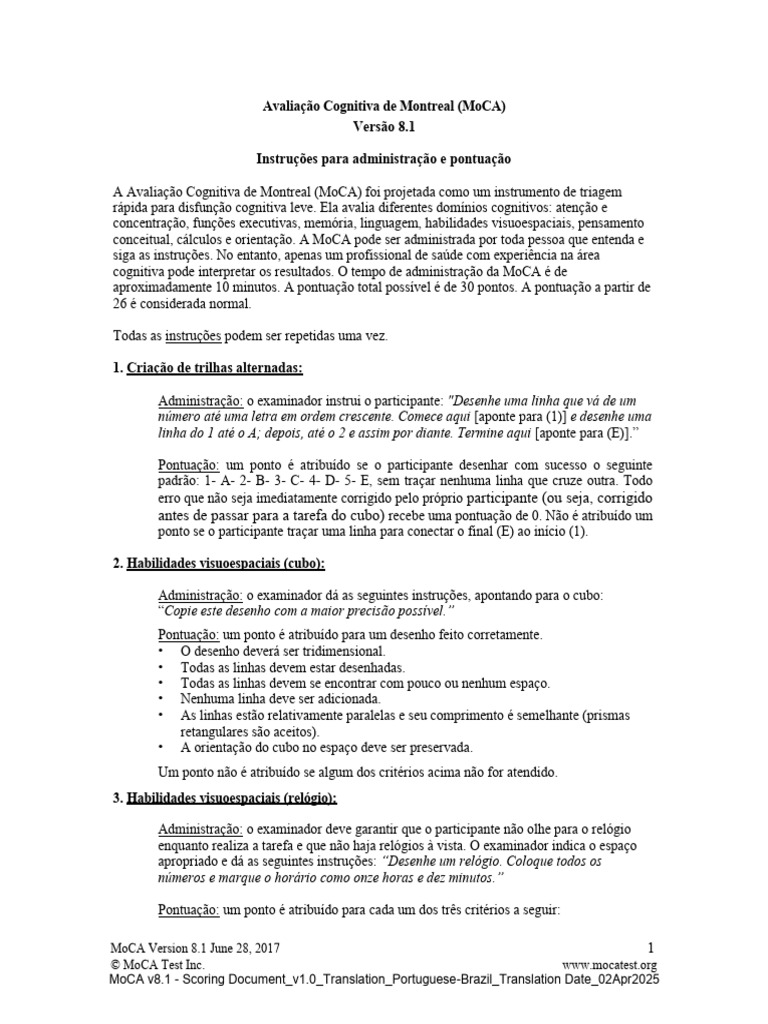 Instruções e Pontuação da MoCA 8.1 | PDF