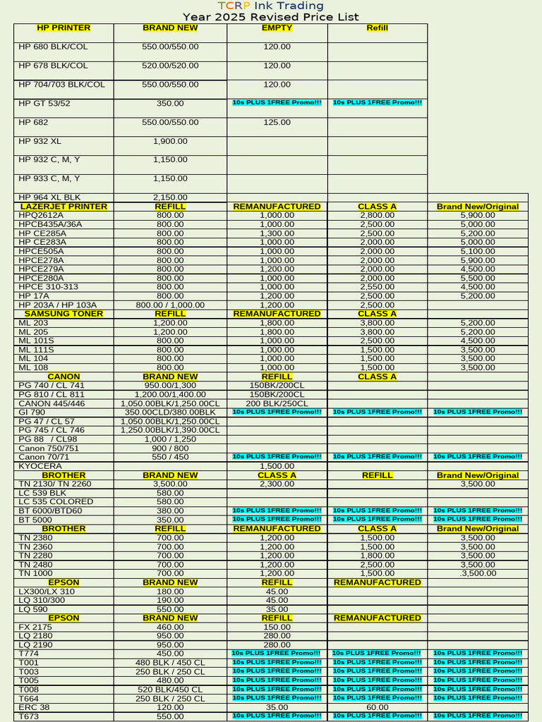 2025 Ink Price List for HP & Epson | PDF | Office Work | Office Equipment