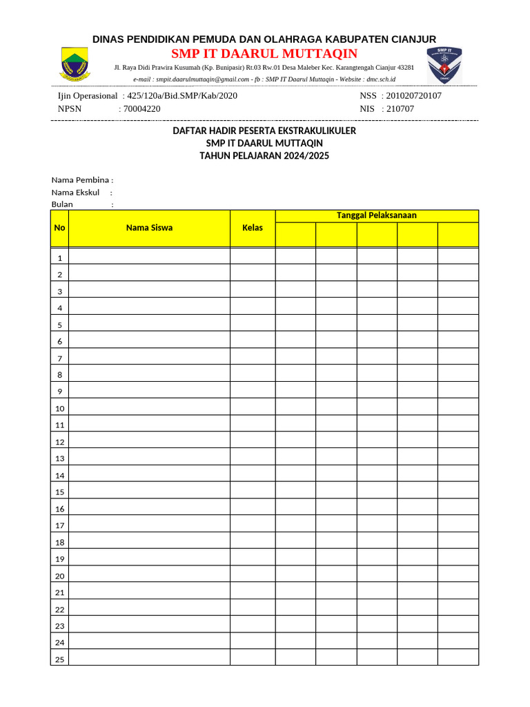 Daftar Hadir Ekstrakurikuler SMP IT 2024 | PDF