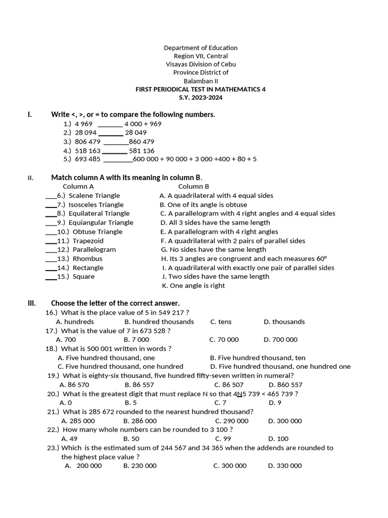 Math 4 Periodical Test S.Y. 2023-2024 | PDF | Geometry | Euclid