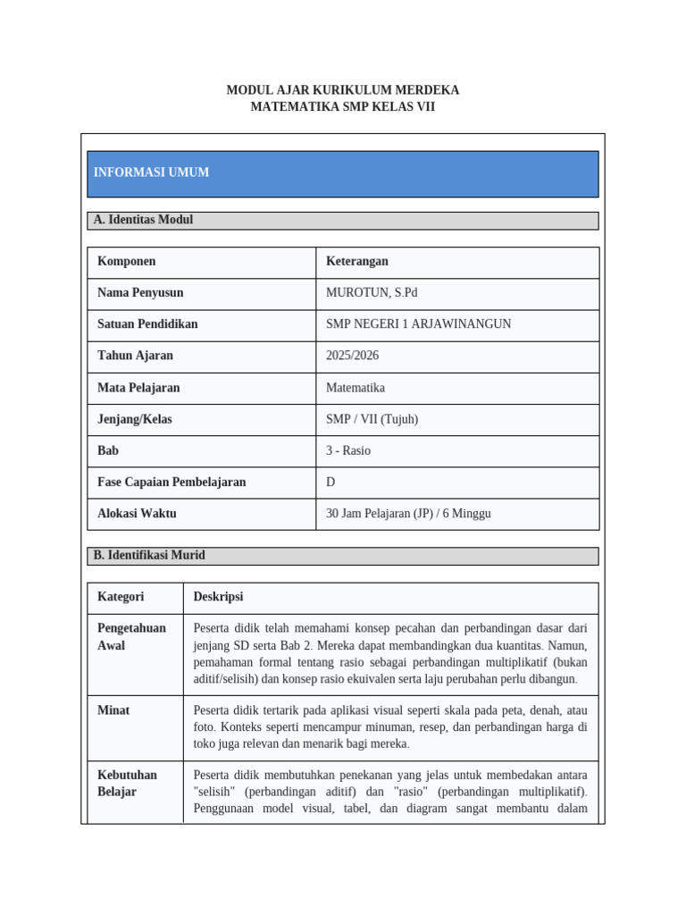 Modul Ajar Matematika SMP Kelas VII: Rasio | PDF