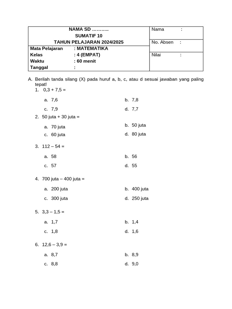 Soal Matematika Kelas 4 SD 2024/2025 | PDF