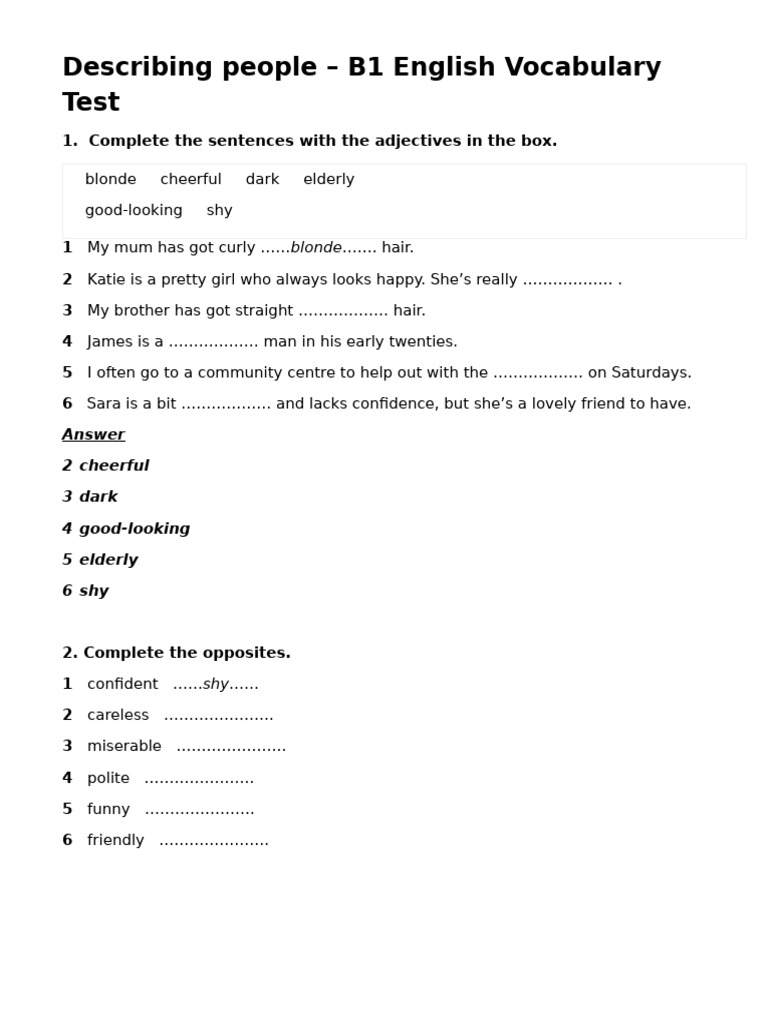 B1 Vocabulary: Describing People Test | PDF | Linguistics