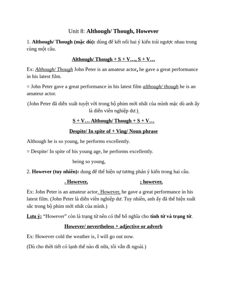 Using Although and However in Sentences | PDF