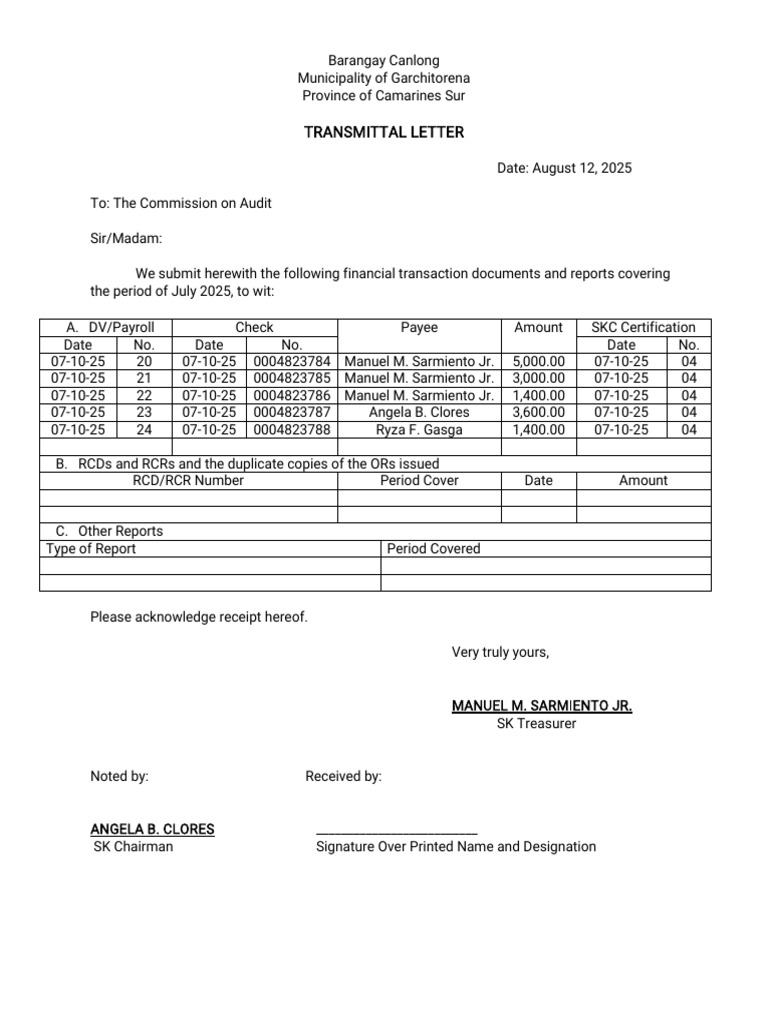 Canlong SK Financial Transmittal Reports | PDF