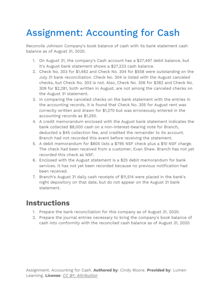 05 Assignment - Accounting For Cash | PDF | Banks | Debits And Credits