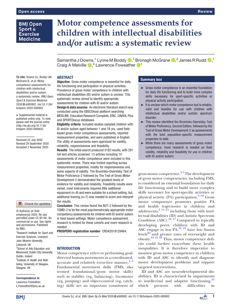 Motor Competence Assessments for Children with ID and Autism | PDF ...