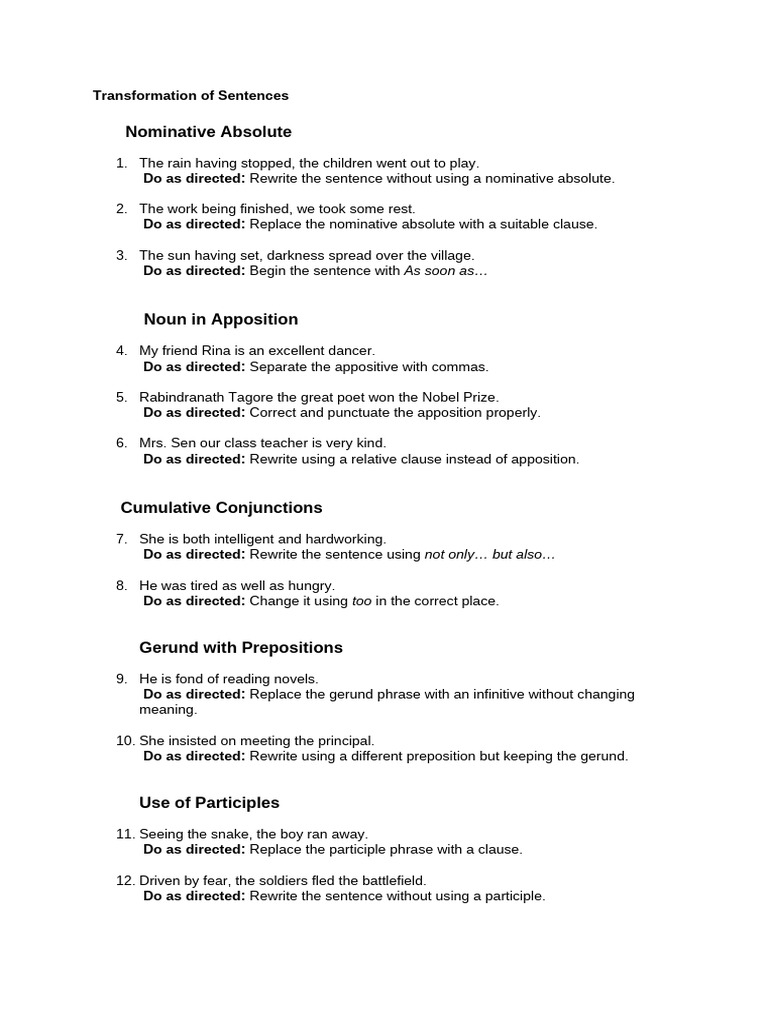 Sentence Transformation Exercises | PDF | Verb | Linguistics