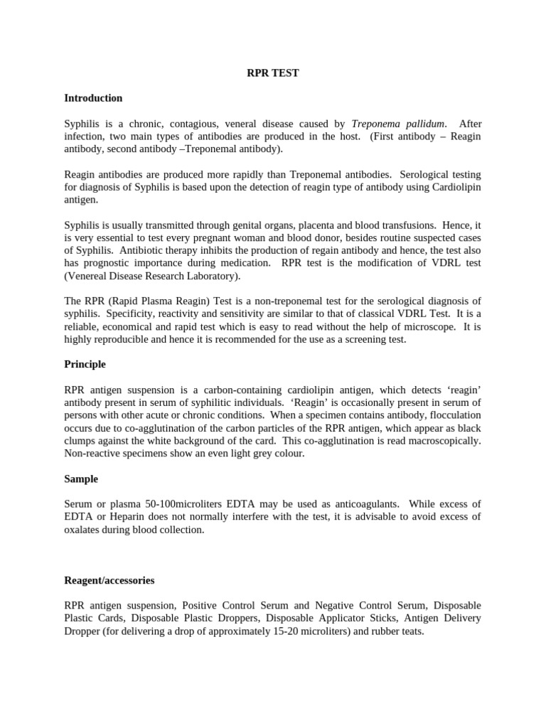 RPR Test for Syphilis Screening | PDF | Blood Plasma | Serology