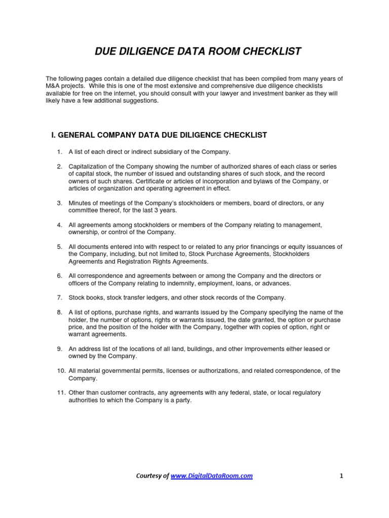 Comprehensive Due Diligence Checklist | PDF | Stocks | Lease