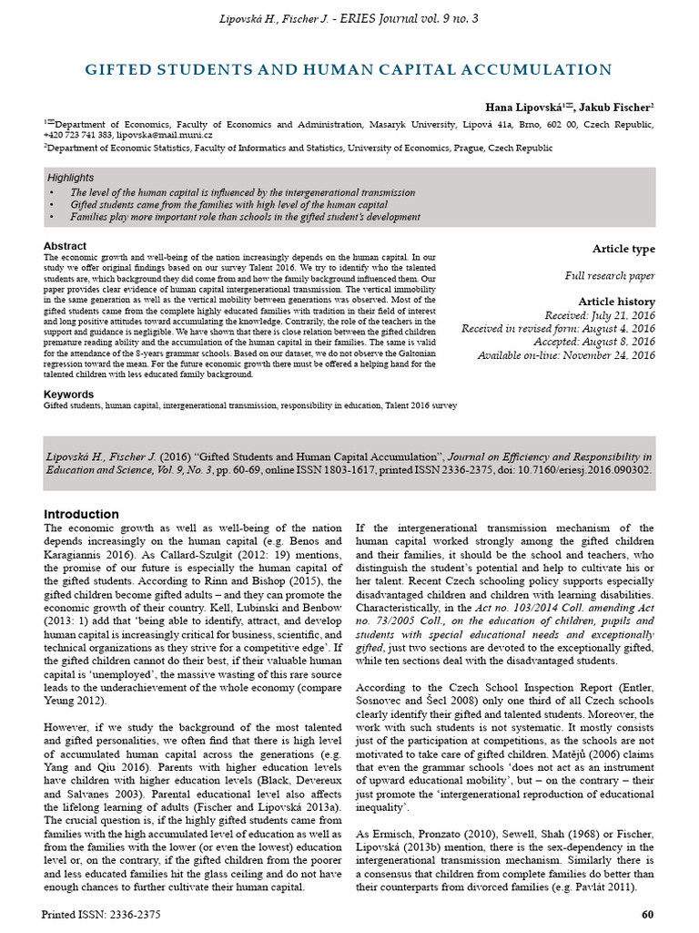 Gifted Students and Human Capital Insights | PDF | Intellectual Giftedness