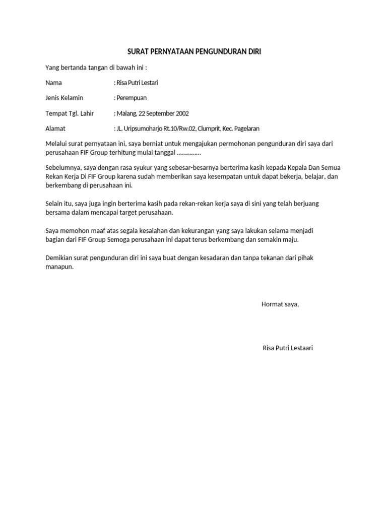 Contoh Surat Pengunduran Diri Risa Lestari | PDF