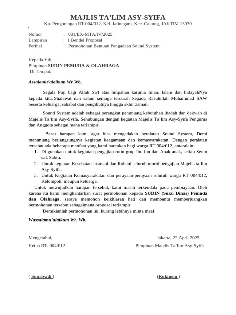 Proposal Pengadaan Sound System RT 004/012 | PDF