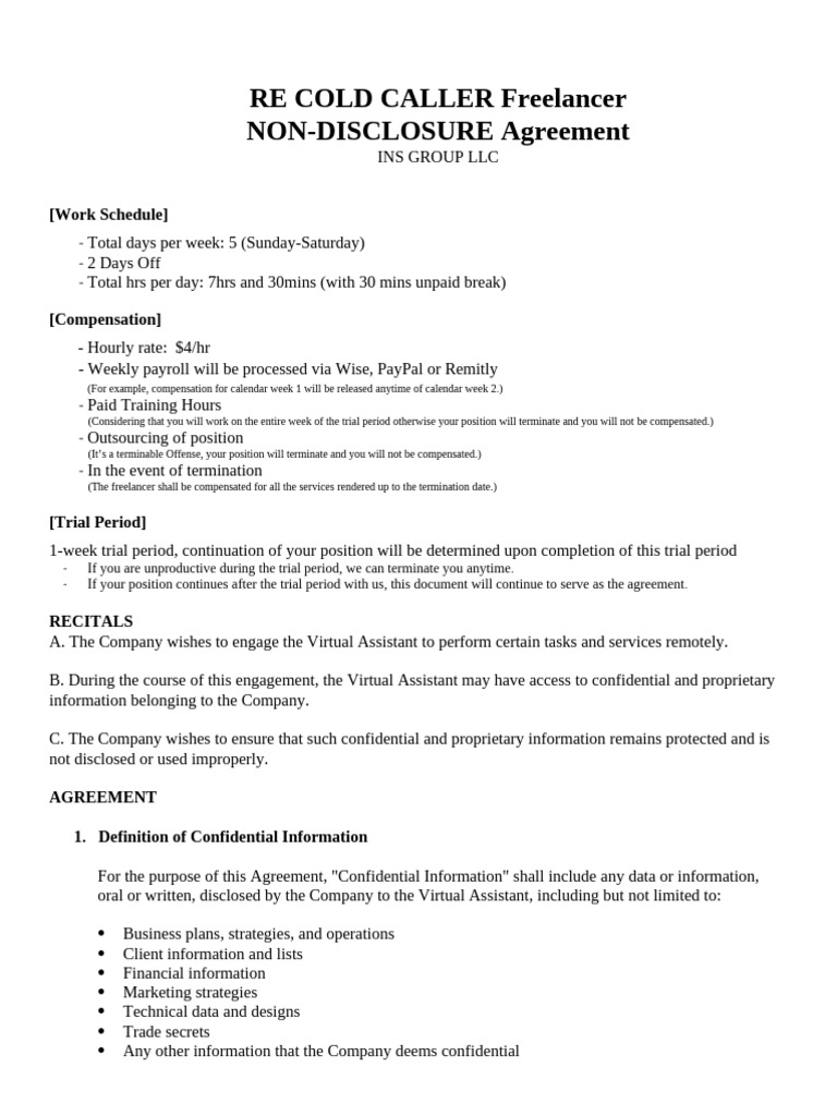Cold Caller Freelancer NDA Agreement | PDF | Non Disclosure Agreement ...